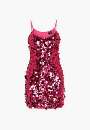 Vestido rosa de lentejuelas con tirantes finos, que presenta un corpiño ajustado y un dobladillo corto. Texturizado con lentejuelas redondas y reflectantes por todo el vestido.