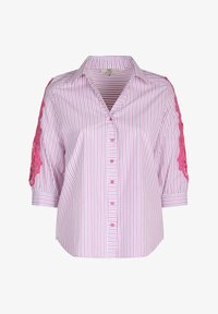 Gestreepte blouse in roze en wit, met een knoopsluiting aan de voorkant, driekwart mouwen en prachtige roze kantaccenten op de mouwen.