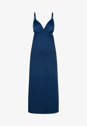 Námořnická modrá bezrukávová šaty z měkké tkaniny, s véčkovým výstřihem a pletenými ramínky, v uvolněném střihu a bezšvém designu.