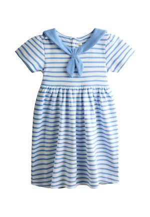 Robe à manches courtes rayée bleu et blanc avec taille froncée et col marin bleu attaché noué à l'avant.