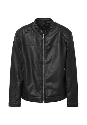 Schwarze Lederjacke mit Stehkragen, Frontreißverschluss und seitlichen Reißverschlusstaschen. Mit gepolsterten Schultern und glatter Textur.