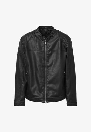 Schwarze Lederjacke mit Stehkragen, Frontreißverschluss und seitlichen Reißverschlusstaschen. Mit gepolsterten Schultern und glatter Textur.