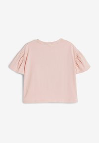 Rosa kortärmad t-shirt med rund halsringning och samlade puffärmar. Mjuk, lätt tyg med avslappnad passform.