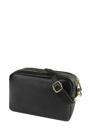 Schwarze Leder-Umhängetasche mit strukturierter Oberfläche, ausgestattet mit einem goldfarbenen Reißverschluss und verstellbarem Riemen. Rechteckige Form, minimalistisches Design.