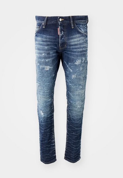 Blue denim jeans featuring a faded finish, distressed detailing, and a straight leg design. Button closure and five-pocket styling included.