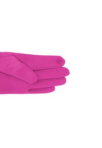 Guanti fucsia realizzati in materiale morbido, con una texture liscia, design su misura con tre dita e un'emblema floreale sul polso.