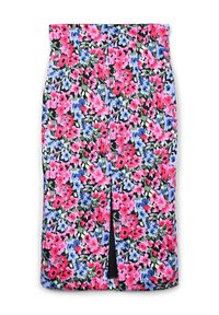 Jupe crayon taille haute avec un motif floral en rose vif, bleu et rouge sur fond noir, avec une fente à l'avant.