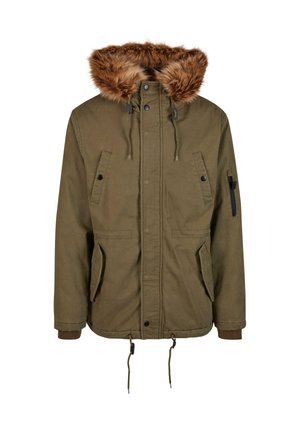 Olivgrön parkajacka med faux fur-huva. Jackan har framfickor, en ficka med dragkedja på ärmen, justerbar dragsko i midjan och ribbade ärmslut.