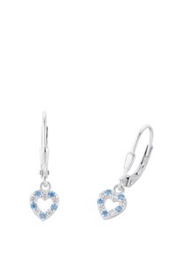 Orecchini a forma di cuore in argento, decorati con pietre preziose blu e trasparenti, dotati di una chiusura sicura a leva.