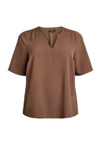 Blouse marron à manches courtes avec un décolleté en V, fabriquée dans un tissu texturé. Coupe droite et légèrement ample, sans accents ni motifs visibles.