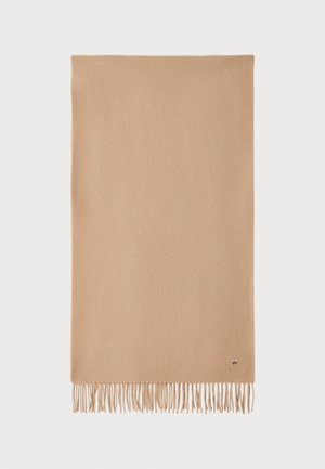 Beige villa skarf med en mjuk textur, med fransade kanter och en liten logotyp i ett hörn. Rektangulär form, slät yta.