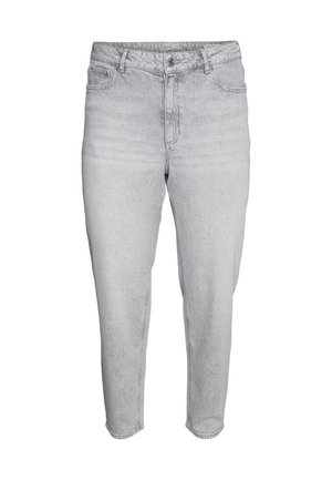 Blugi din denim gri deschis, cu talie înaltă, pantaloni conici, design cu cinci buzunare și detalii vizibile de cusături.