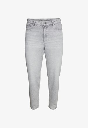 Šviesiai pilkos spalvos džinų kelnės iš džinso su aukštu liemeniu, siaurėjančiomis kojomis, penkių kišenių dizainu ir matomomis siūlėmis.