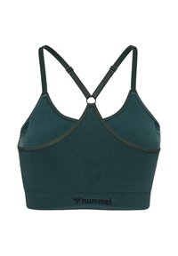 Donkergroene sportbeha met kruisbandjes, verstelbare sluitingen en Hummel-logo onderaan. Gemaakt van rekbare, ademende stof.