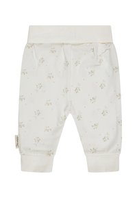 Weiche weiße Babypants mit beigen Blumenmustern, elastischem Bund und Bündchen, mit einem kleinen Stoffmarkenetikett an der Seite.