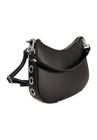 Sac à bandoulière en cuir noir avec un design incurvé, des accents en métal argenté et une fermeture éclair. Caractérisé par des détails œillets le long d'un côté.