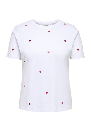 Witte korte mouwen T-shirt met kleine rode geborduurde hartjes verspreid over de voorkant en mouwen.