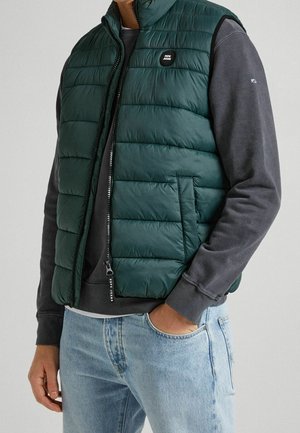 Homme portant un gilet matelassé vert foncé par-dessus un sweat-shirt gris foncé et un jean bleu clair, une main dans la poche.