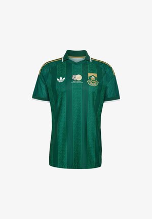 Grøn sydafrikansk fodboldtrøje med mønstrede lodrette striber, gulddetaljer, Adidas-logo og emblem for Sydafrikas fodboldforbund.