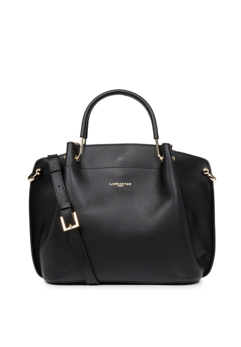 Zwarte leren handtas met een gestructureerd oppervlak, dubbele handvatten aan de bovenkant, gouden hardwareaccenten en een verstelbare schouderriem.