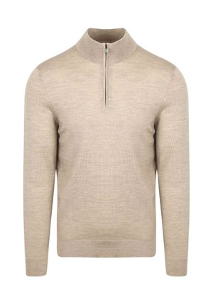 Beige lange mouwen gebreide trui met een halve rits en een hoge kraag, met een geribbelde textuur op de kraag, manchetten en zoom.