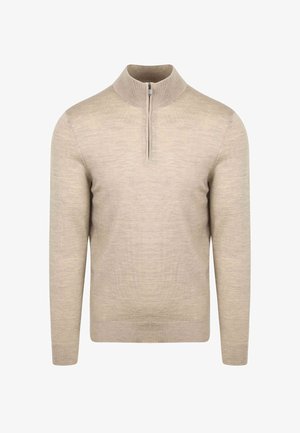 Beige lange mouwen gebreide trui met een halve rits en een hoge kraag, met een geribbelde textuur op de kraag, manchetten en zoom.