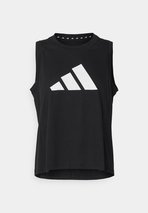 Μαύρη αμάνικη αθλητική μπλούζα φτιαγμένη από λείο ύφασμα, με μεγάλο λευκό λογότυπο Adidas και τρεις διαγώνιες ρίγες στο μπροστινό μέρος.