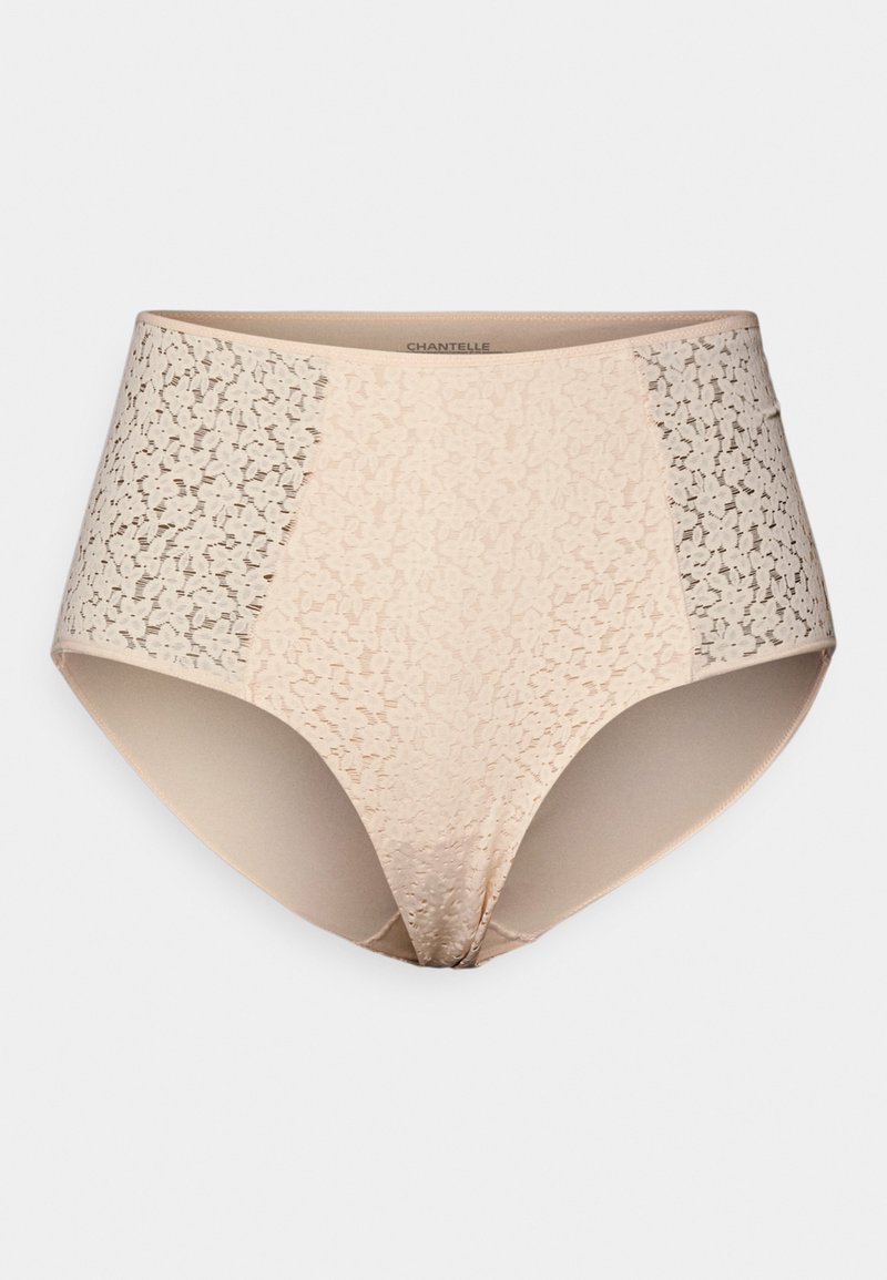 Beige high-waisted slips met bloemenkantpanelen aan de zijkanten, een zachte textuur en een naadloos ontwerp voor comfort.
