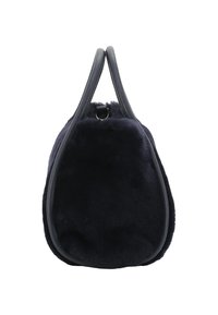 Navy blue fur purse with a textured exterior, rounded shape, and black leather handles. Features a top zipper and a metal hardware detail.