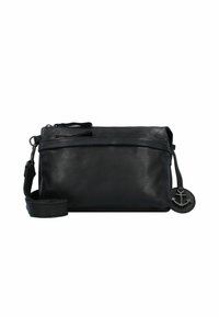 Borsa a tracolla nera in pelle con superficie testurizzata, compartimento principale con zip, tracolla regolabile e dettaglio con ciondolo a forma di ancora.