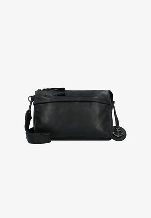 Borsa a tracolla nera in pelle con superficie testurizzata, compartimento principale con zip, tracolla regolabile e dettaglio con ciondolo a forma di ancora.