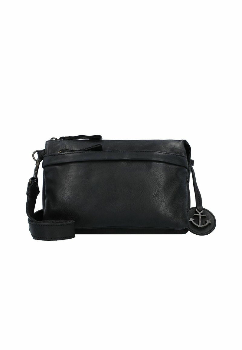 Borsa a tracolla nera in pelle con superficie testurizzata, compartimento principale con zip, tracolla regolabile e dettaglio con ciondolo a forma di ancora.
