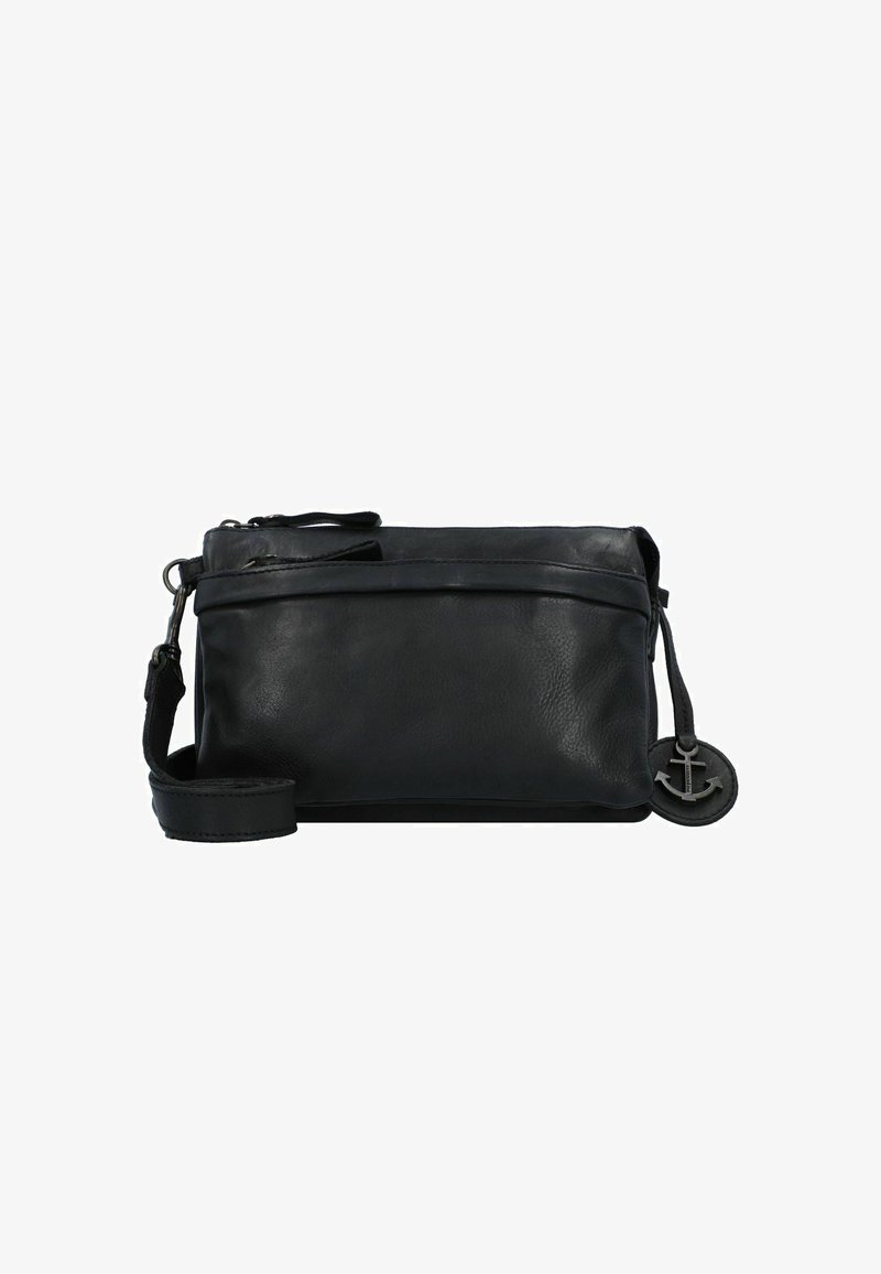 Borsa a tracolla nera in pelle con superficie testurizzata, compartimento principale con zip, tracolla regolabile e dettaglio con ciondolo a forma di ancora.
