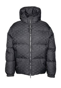 Giacca a vento nera con cappuccio, caratterizzata da un design trapuntato, chiusura con zip e un sottile motivo geometrico. Realizzata in un materiale lucido e liscio.