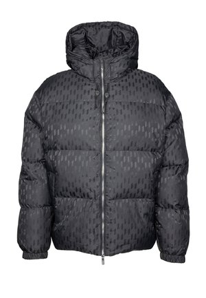 Czarna kurtka puchowa z kapturem, z haftowanym wzorem, zapinana na zamek błyskawiczny i delikatnym geometrycznym wzorem. Wykonana z błyszczącego, gładkiego materiału.