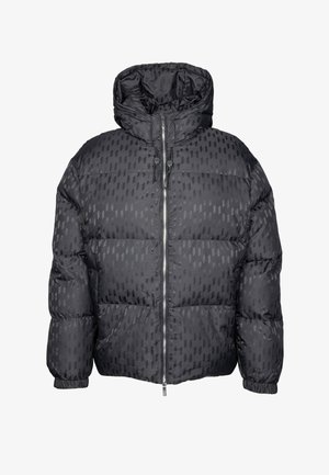 Giacca a vento nera con cappuccio, caratterizzata da un design trapuntato, chiusura con zip e un sottile motivo geometrico. Realizzata in un materiale lucido e liscio.