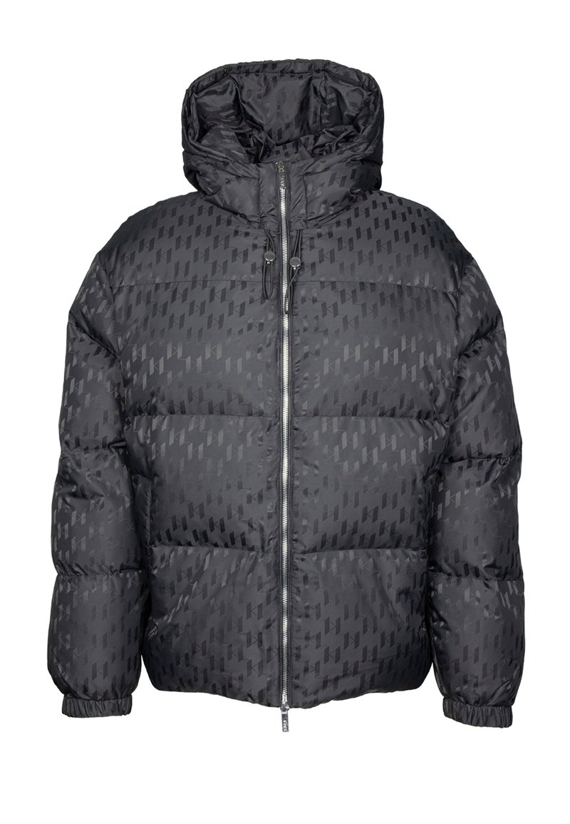 Giacca a vento nera con cappuccio, caratterizzata da un design trapuntato, chiusura con zip e un sottile motivo geometrico. Realizzata in un materiale lucido e liscio.