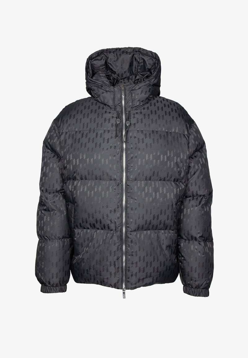 Giacca a vento nera con cappuccio, caratterizzata da un design trapuntato, chiusura con zip e un sottile motivo geometrico. Realizzata in un materiale lucido e liscio.