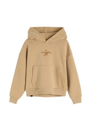 Beżowy krótki hoodie z przednią kieszenią, kapturem ze sznurkiem i haftowanym logo. Wykonany z miękkiego, teksturowanego materiału bawełnianego.