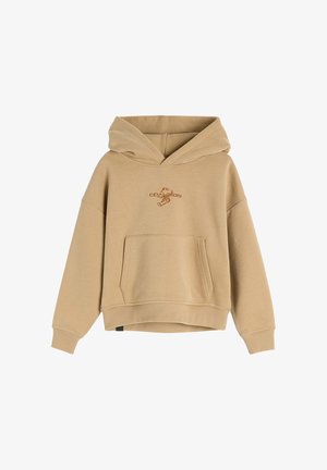 Beżowy krótki hoodie z przednią kieszenią, kapturem ze sznurkiem i haftowanym logo. Wykonany z miękkiego, teksturowanego materiału bawełnianego.