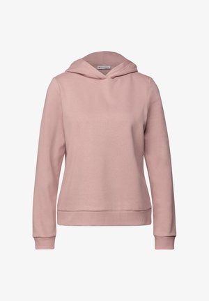 Sweatshirt à capuche rose avec manches longues, fabriqué en mélange de coton doux, présentant une coupe décontractée et des poignets et un ourlet côtelés.