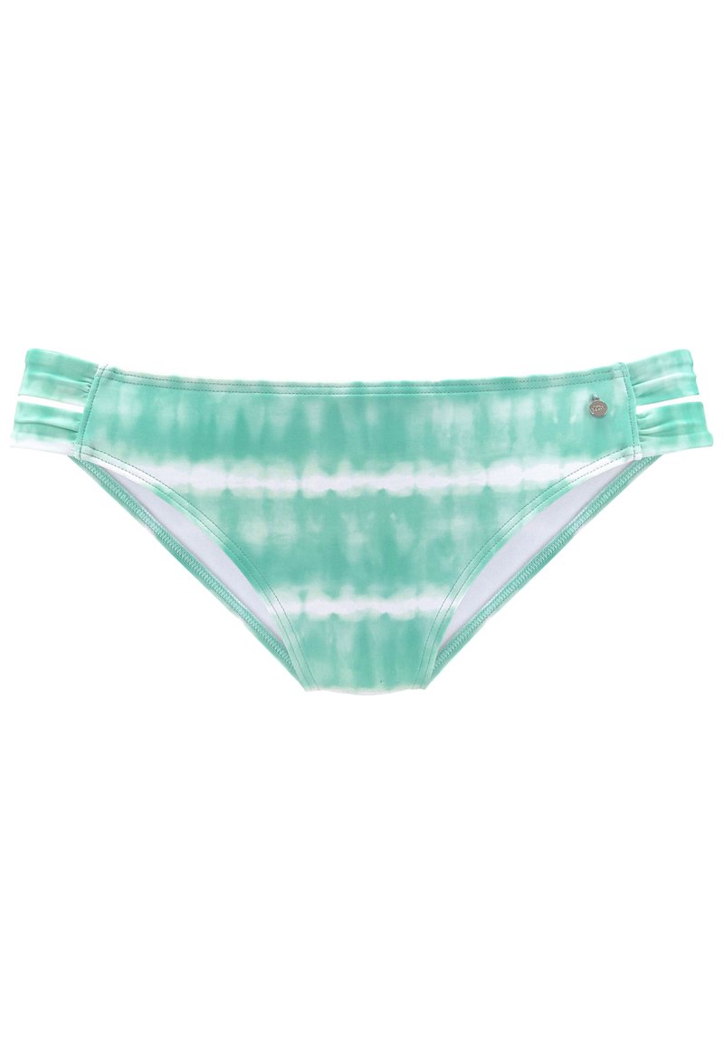 Zelena tie-dye bikini spodnjica z gladko teksturo, ki vključuje stranska nabiranja in majhen kovinski logotip vgraviran na eni strani.