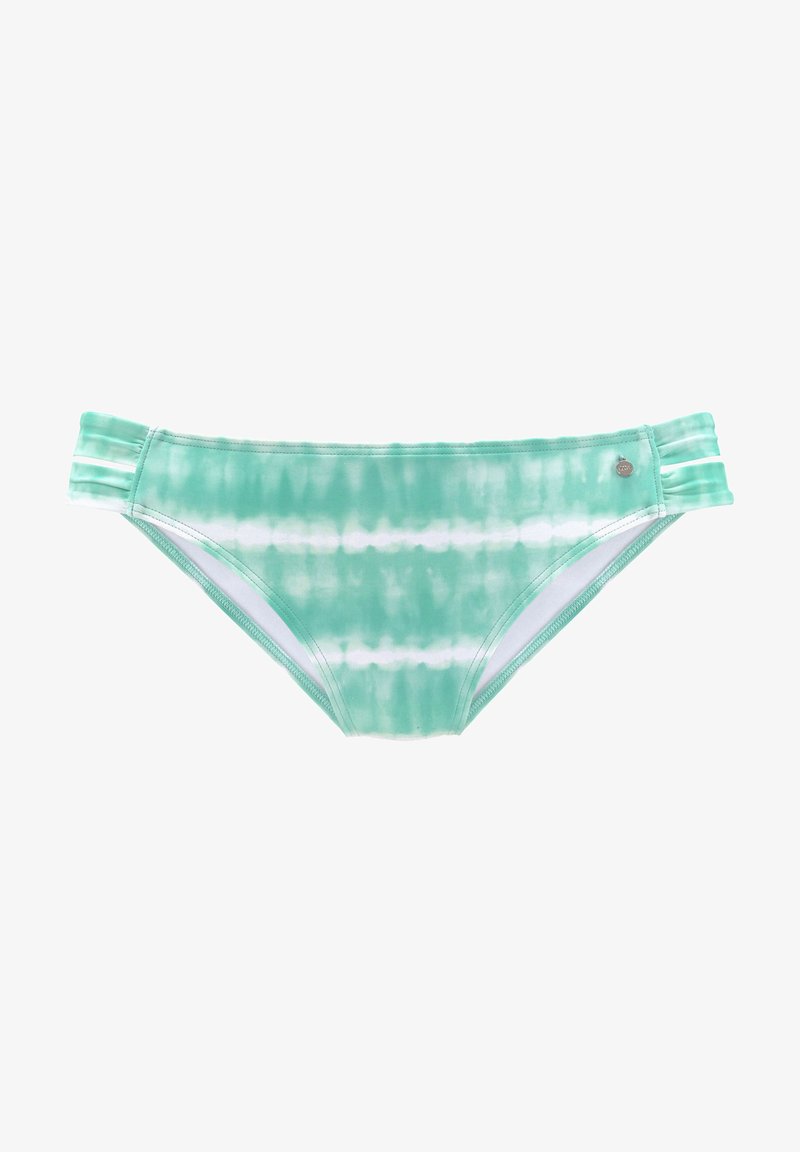 Bas de bikini vert tie-dye avec une texture lisse, présentant des fronces sur les côtés et un petit logo métallique sur un côté.