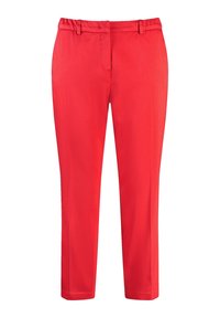 Pantalon rouge à texture lisse, avec une taille standard, des poches, et une coupe ajustée, conçu pour une silhouette droite.
