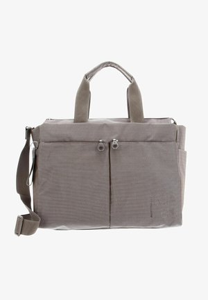Sac fourre-tout texturé gris avec poignées supérieures doubles, bandoulière ajustable et deux poches frontales zippées. Fabrication en tissu robuste.