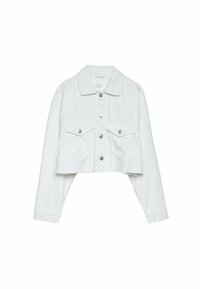 Zkrácená bílá džínová bunda s límcem, předním zapínáním na knoflíky, dvěma náprsními kapsami a detaily s ragbovaným lemem. Dlouhé rukávy s volným střihem.