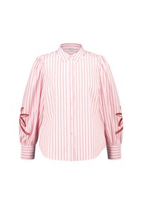 Roze gestreepend shirt met rode strepen; voorzien van pofmouwen en geborduurde accenten op de manchetten; knoopsluiting aan de voorkant; van katoen.