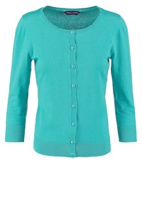 Turkos kofta gjord av mjukt stickat material, med rund hals, långa ärmar och en knappstängning framtill med sex knappar.