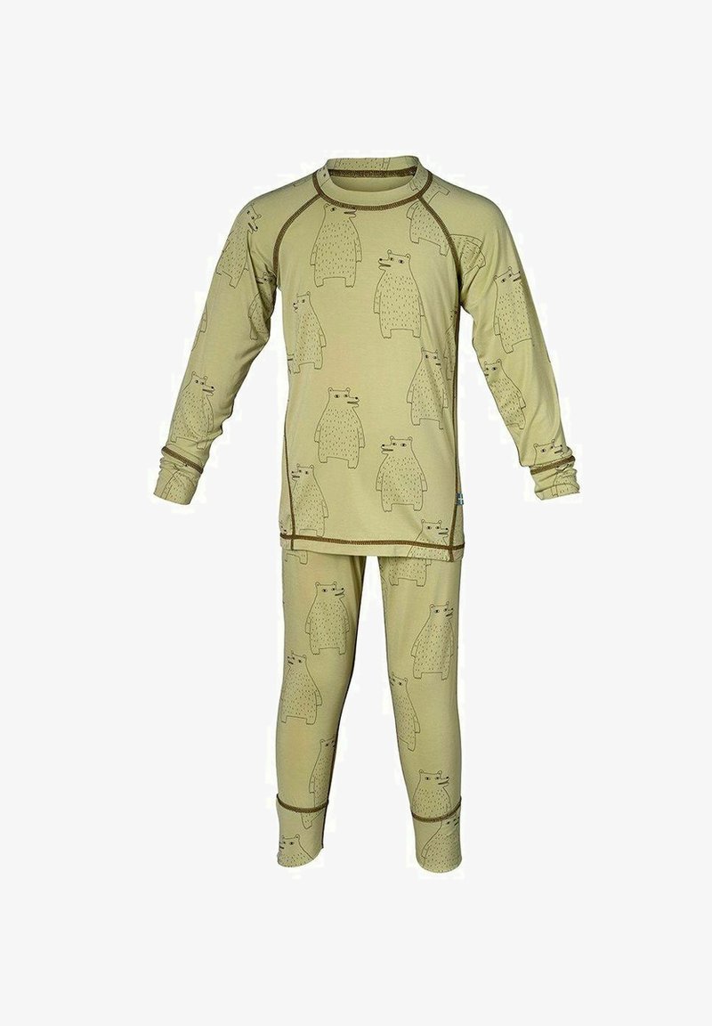 Pyjama-Set aus beigem Stoff mit Allover-Bärenmuster. Langarm-Oberteil mit rundem Ausschnitt und passenden, enganliegenden Hosen, beide mit Kontrastnähten.