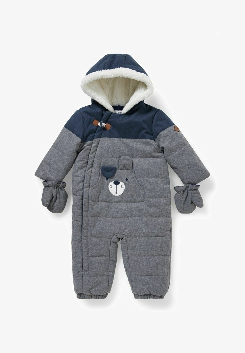 Combinaison de neige matelassée pour tout-petit en bleu marine et gris, avec une capuche doublée de fausse fourrure, une poche en forme de tête d'ours et des moufles amovibles.